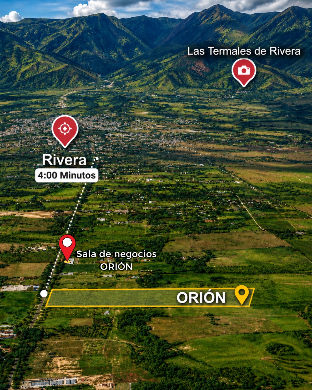 Ubicación de ORIÓN Condominio Campestre con distancias a Rivera y Las Termales